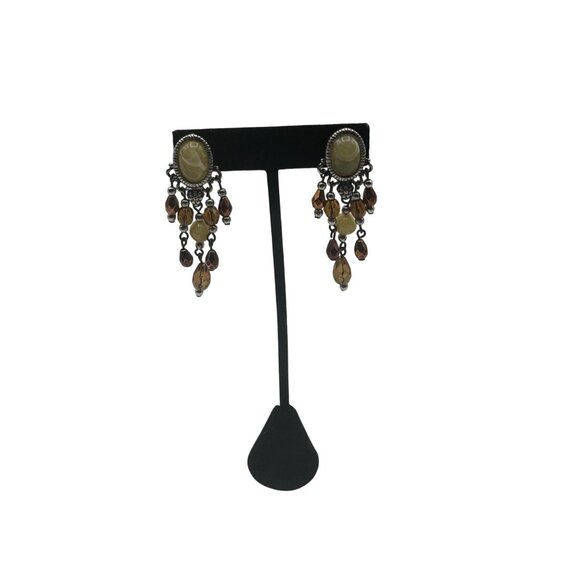 Vintage Bohemian Dangle Earrings Brown Tan Teardrop Beads - Picture 2 of 4